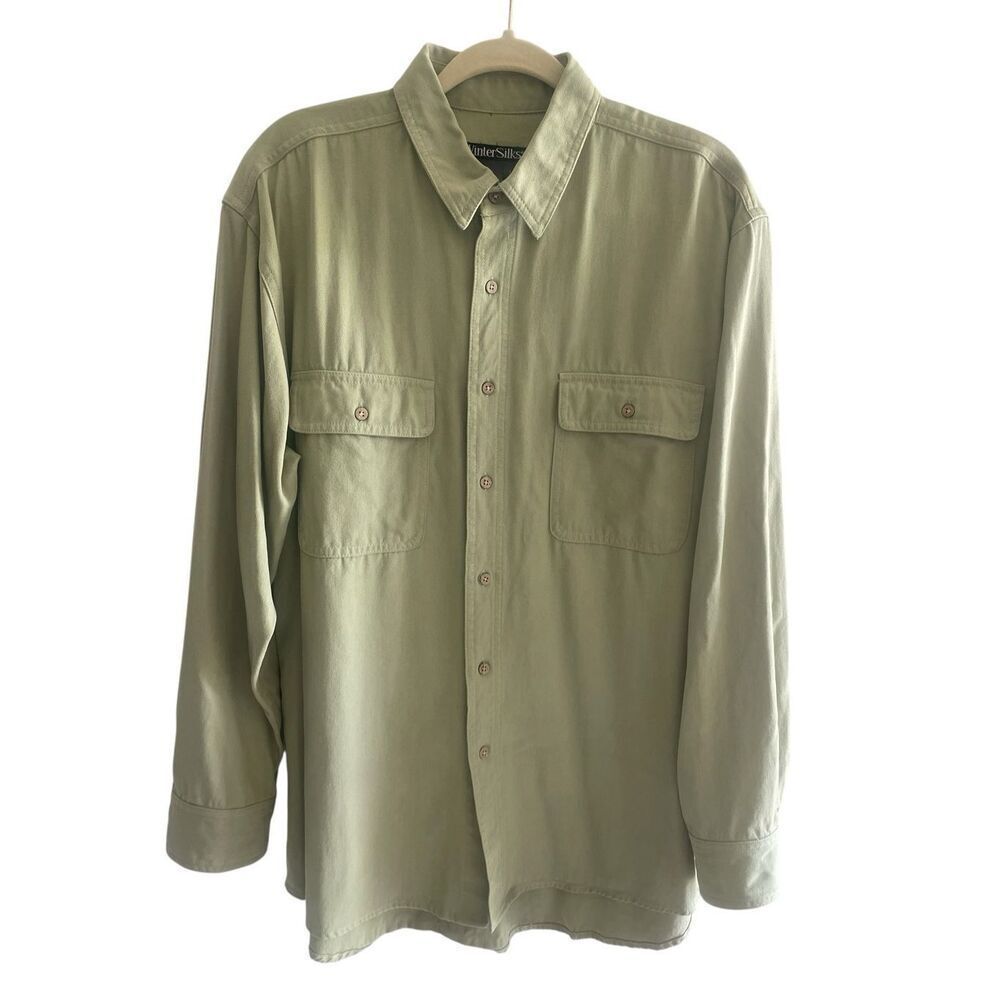 Winter Silks Sage Green Long Sleeve Button Up Collared Shirt Men’s Large Layer